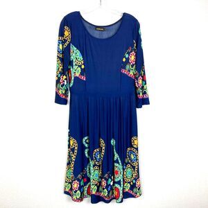 Reborn Fit & Flare Midi Dress Size M Blue Floral Stretch Pullover Bloomcore